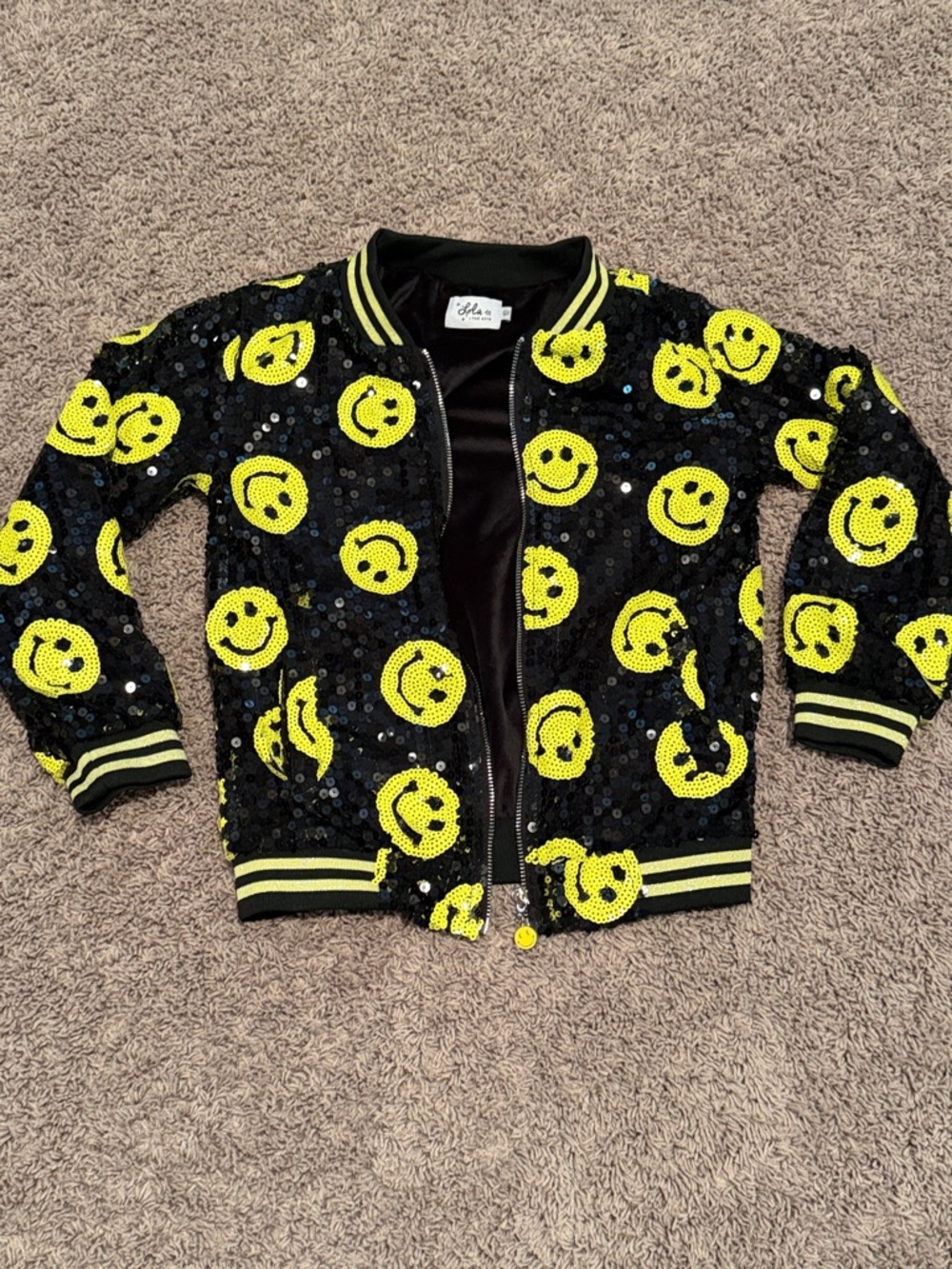 Like new girls size 10 Lola and the boys sequin smiley zip bomber jacket black